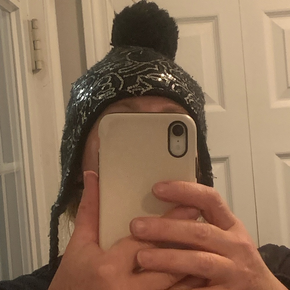 Black Sequin Knit Beanie with Pom
